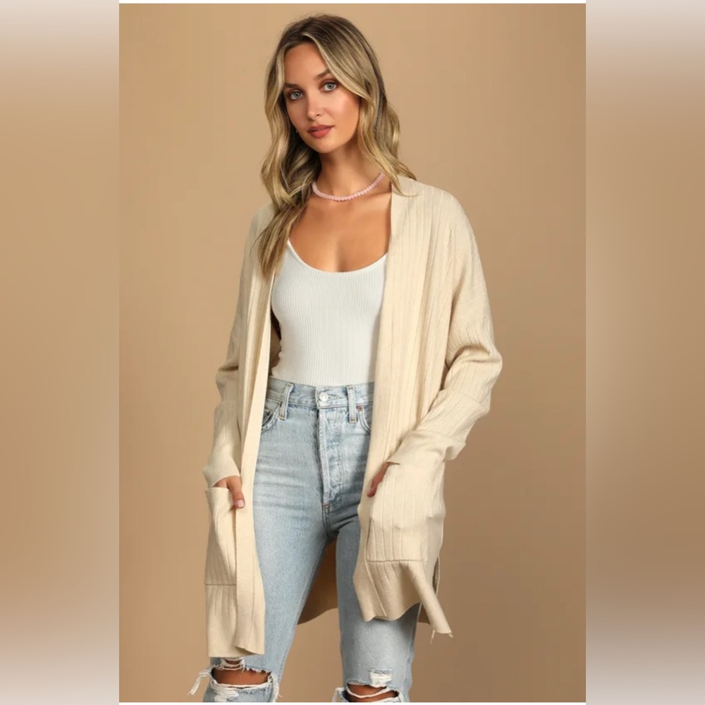 Lulus No Matter the Season Beige Ribbed Knit Cardigan Sweater